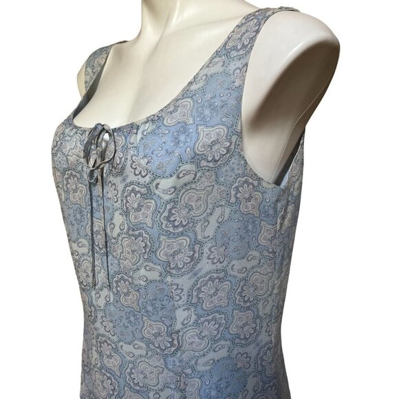 Vintage 90s Silk Blue Paisley Sheath Dress Lightweight Cocktail Mini Sleeveless - Picture 4 of 9